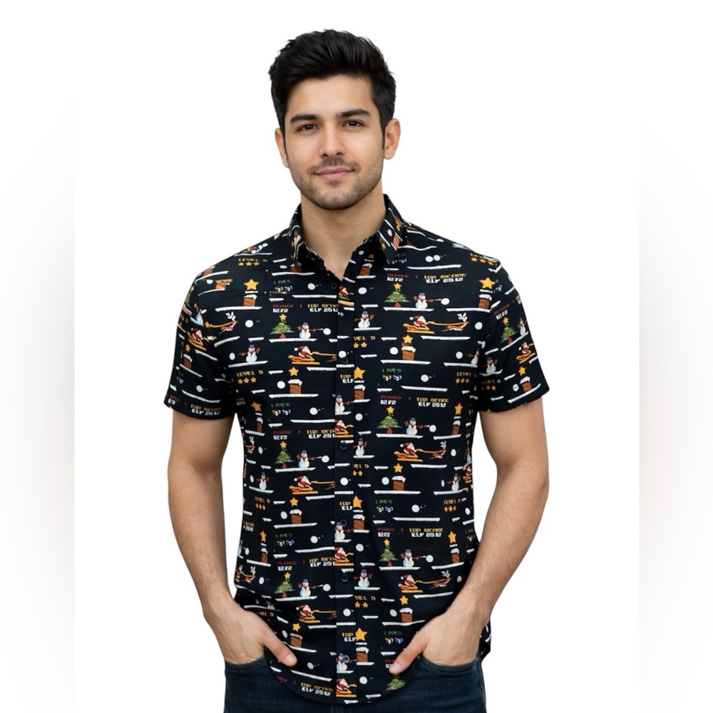 Denim & Flower Mens Button Down Santa Holiday Christmas Video Game Shirt Medium